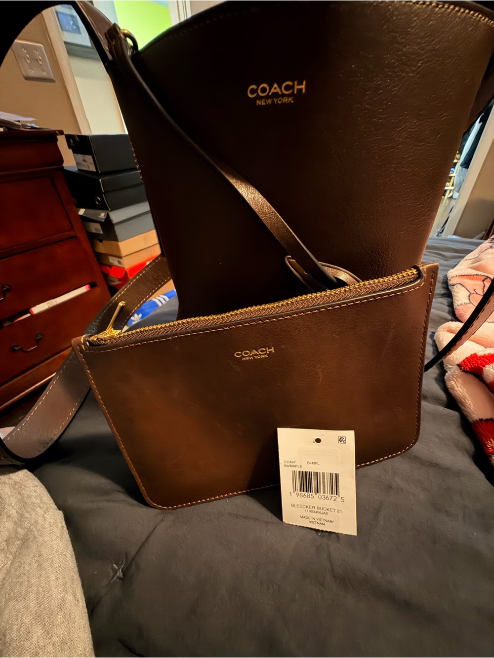 COACH Brown Leather Shoulder Bag Duo with Gold Logo